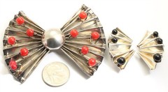 Designer Signed Mixed Metals Large Beaded Bow Ruffle Pin & Earrings Set 56g