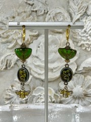 Boho Whimsical Green Czech Glass Bee Charm Romantic OOAK Dangle Earrings Gift