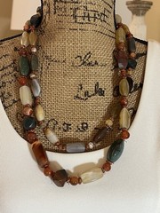 Vintage 1970s Beggar Beads Necklace Earthy Agate Jade Quartz Boho Multi-Strand