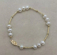 7-8mm AAA Akoya Real Natural White Pearl Bracelet 14k Gold 7.5-8″