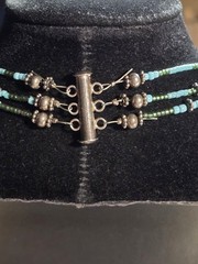 Artisan 925 Sterling Silver Triple Strand Blue Green Seed Bead Necklace 18″