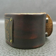 Handmade Leather Cuff Bracelet Eat Sleep Quilt Wide Adjustable Snap Rustic Brown