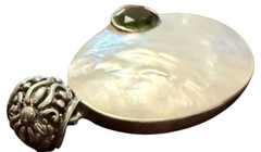 925 Sterling Silver Real Mother-Of-Pearl & Peridot Gem Oval Pendant Lg Statement