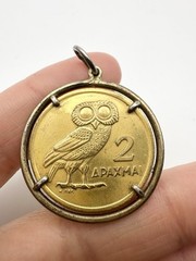 Handmade Greece 2 Drachma Coin Owl Pendant 1973