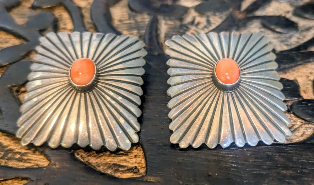 Square Silver Stud Earrings Orange Coral Bezel Set, Native American