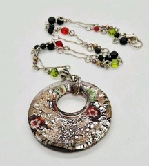 Murano Art Glass Necklace Pendant Necklace Multicolored Foil Circular 22 in