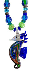 Art Glass Seahorse Pendant Necklace Blue Multicolor Beaded Coastal Statement