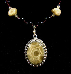 Petoskey Pendant in Sterling on Amethyst Color Glass Bead Necklace / 19″ long