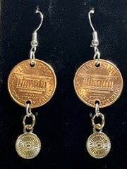 Handcrafted 1989 Lincoln Penny Coin Purple Smiley Charm Hook Earrings