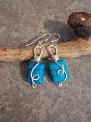 UNIQUE SMALL BLUE HOWLITE BEAD/SILVER LOOP AND WIRE WRAP DESIGN EARRINGS