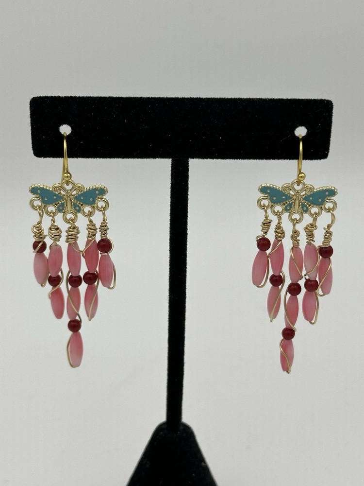 14k Yellow Gold Plated,Teal Butterfly, Pink/RedCoral, Dangle/Chandelier Earrings