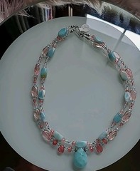 Vintage Necklace Amazonite Strawberry Quartz Pendant Madagascar 18″ 2 Strand