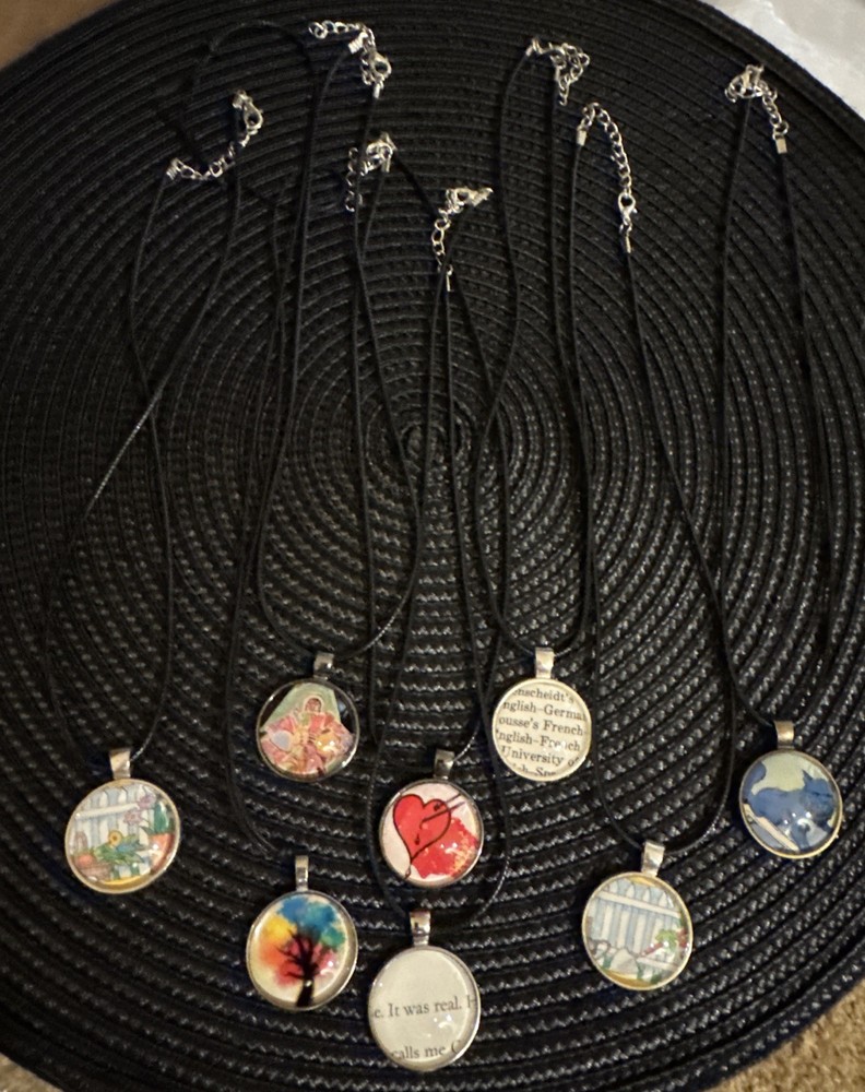 Handmade Glass Dome Pendant Necklace Lot of 8 Art Book Page Heart Tree Jewelry