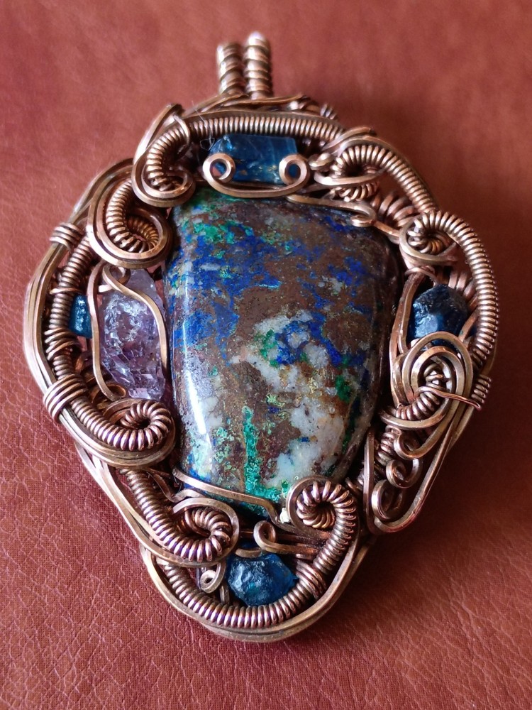 Azurite Malachite Appetite Amethyst Copper Wire wrap Pendant Statement Piece 2″
