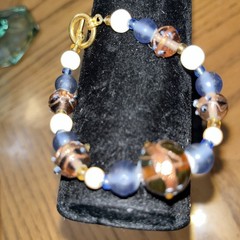 Handmade Murano Glass Beaded bracelet With Matte Blue Beige And Copper Infusion