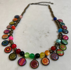 LITCHI Colorful Statement Necklace 21″ Glass Cabochon Charm Beaded Bib Boho