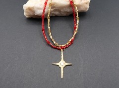 North Star Pendant Necklace, Red, Gold , Handmade with Swarovski in USA – NEW
