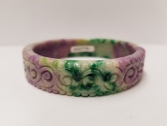 Carved Swirl Heat Treated Dyed Green Purple Jade Bangle I.D. 64mm W. 6mm H. 15mm