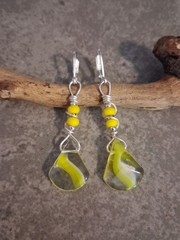 UNIQUE YELLOW RIBBON GLASS BRIOLETTE/YELLOW GLASS BEADS/SILVER WIRE EARRINGS