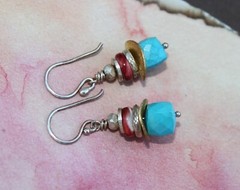Turquoise Cube Red Coral Hill Tribe Gold Silver Handcrafted Stack Earrings