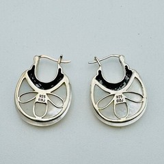Sterling Silver Mother of Pearl Marcasite Hoop Earrings Signed BBJ