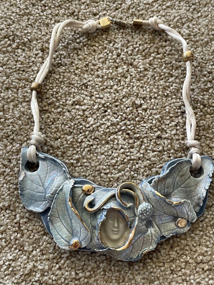 Fired Fantasies Clay Pottery Statement Necklace Fairy Image With Pattern Leaf