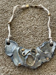 Fired Fantasies Clay Pottery Statement Necklace Fairy Image With Pattern Leaf