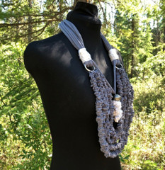 Dark Gray And White Recycled Multi Strand Necklace Silver Tone Rings Bead Ruched