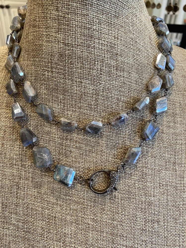 Handcrafted AB Labradorite Irregular Bead Necklace with Pave Hook Closure