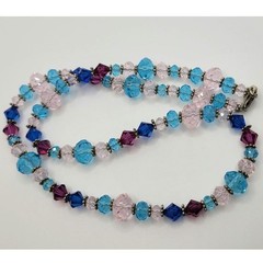 Crystal Beaded Necklace Sterling Silver Clasp Spacers Blue Pink Magenta Glass