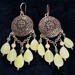 Barse Thai Cluster Earrings – Yellow Green Beads. Bronze 925 Hook