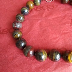 Tiger’s Ox’s Eye Beaded Necklace, Sterling Silver Toggle Clasp, 17″L, 20mm Beads