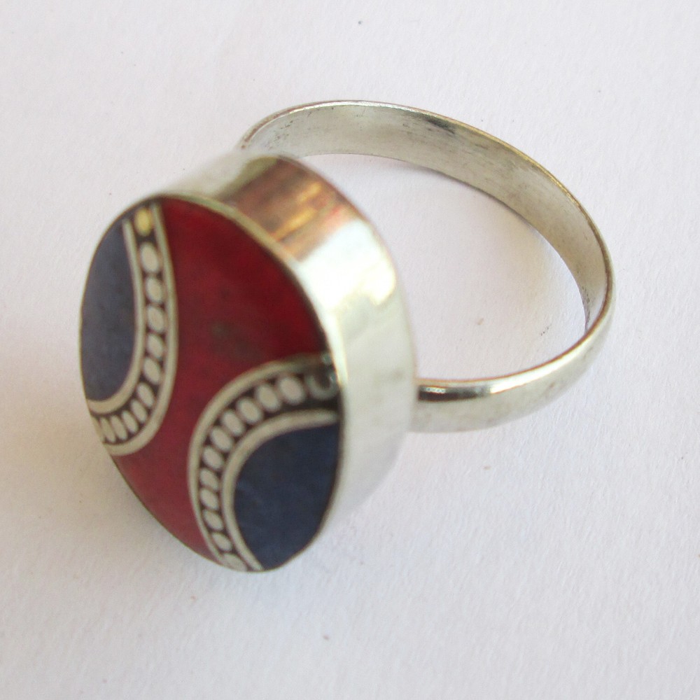 Tibetan Silver Coral Blue Lapis Natural Jewelry Original Adjustable Unisex Ring