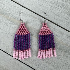 Handmade Mini Beaded Dangle Earrings – Pink Purple Statement Jewelry Fringe 2”