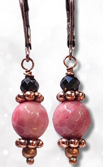 Pink Rhodonite & Black Tourmaline Gemstone Earrings Antique Copper Dangle