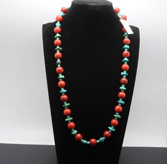Chunky Necklace, Imitation Turquoise & Coral, w/ Swarovski Pearls – NEW
