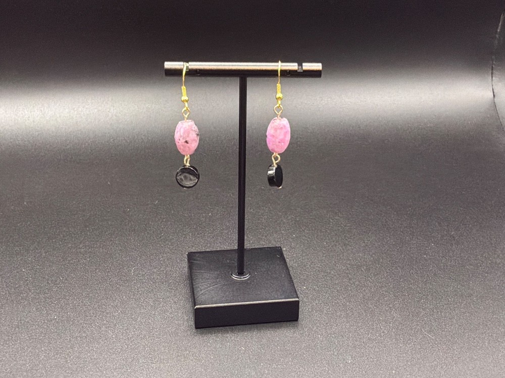 Pink Multi-Stone Barrel & Black Agate Dangle Earrings
