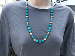Handmade Long Necklace of Multi Shape Turquoise Magnesite and Italian Onyx Beads