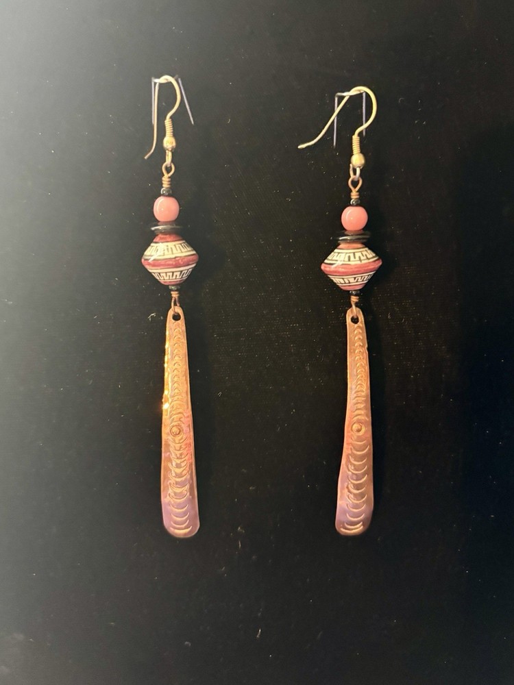Handmade Copper Dangle Earrings Native Design Pink And Black Accent Beads