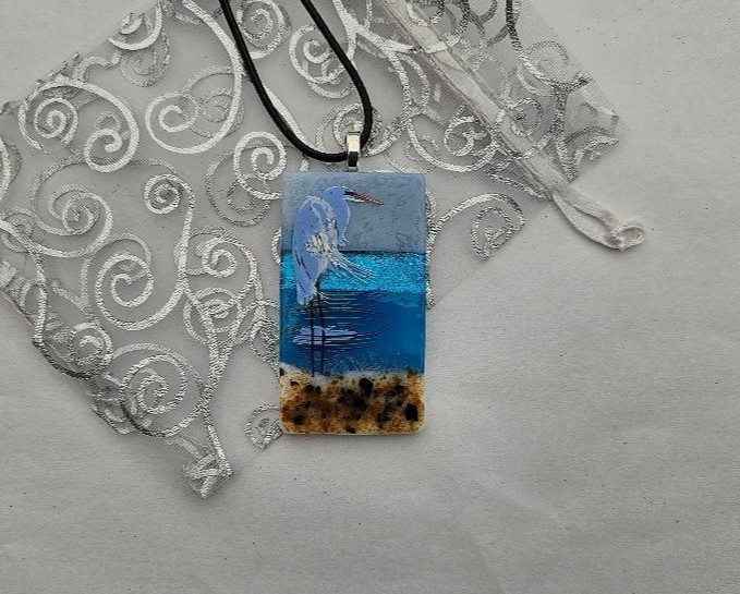Large Handcrafted Blue Heron/Beach/Ocean Fused Dichroic Glass Pendant