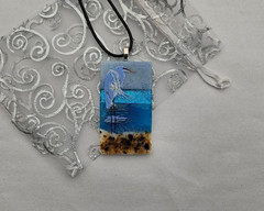 Large Handcrafted Blue Heron/Beach/Ocean Fused Dichroic Glass Pendant
