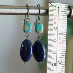 Handmade Lapis Lazuli and Turquoise Drop Earrings Blue Gemstone Dangle 2 Inch