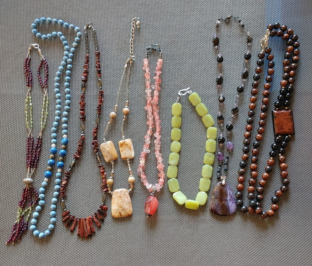 Lot of 8 Stone Bead Necklaces Various Shapes Sizes Colors Amethyst Garnet Quartz