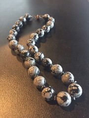 Snowflake Obsidian And Hematite Necklace Black Gray Natural Stone Round Smooth