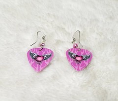 UNIQUE Guitar Pick Earrings Pink Devil Heart w/ Wings Flames 😍 NEW