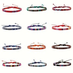 12 pcs Multicolor Woven Fabric Bracelet Set Boho Summer Beach Adjustable Braided