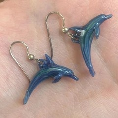 Dolphin Sterling Silver Earrings Dauphin Art Glass Hand Blown Artisan USA 925 FL