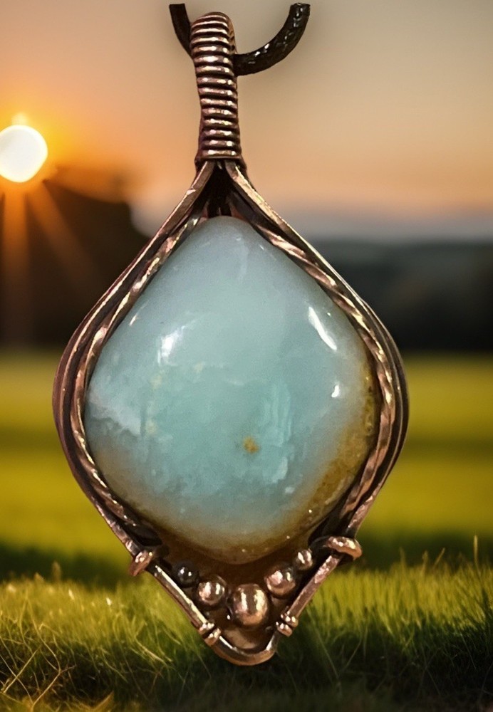 Natural Peruvian Blue Opal ~ Handmade copper wire wrapped pendant 9u