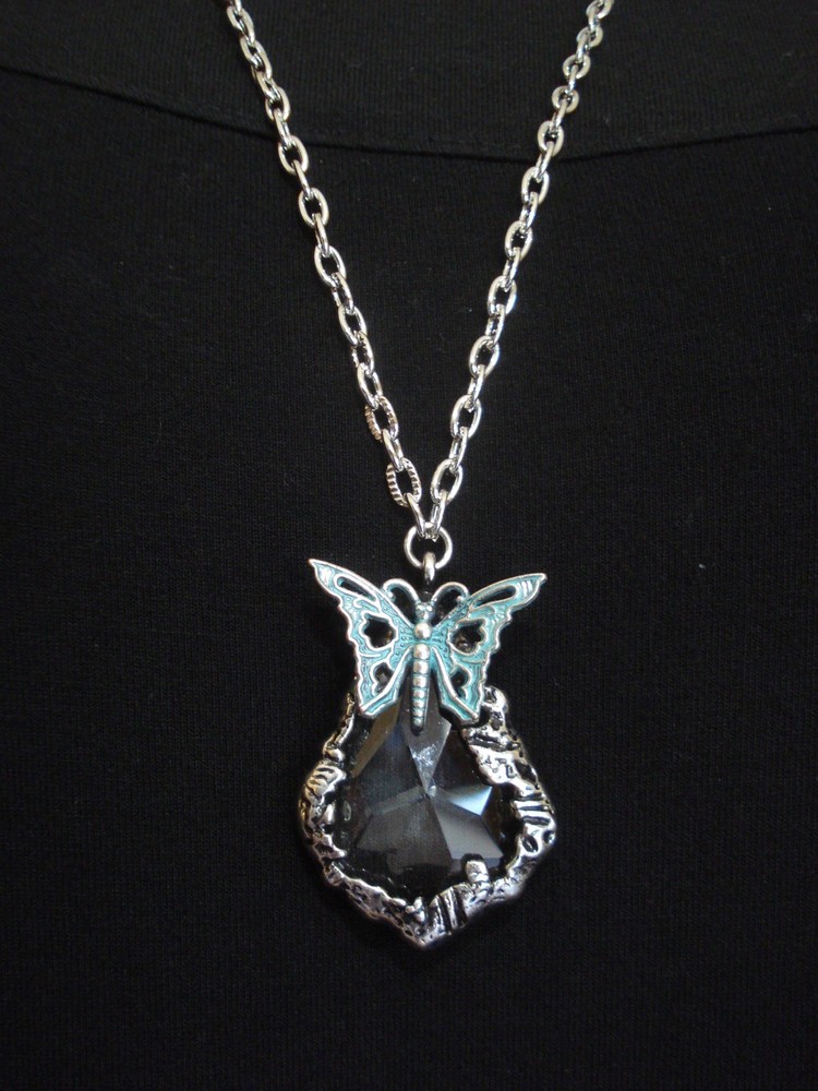 Aqua Filigree 5/8×1″ Metal Butterfly Faceted Acrylic Crystal 30″ Silver Necklace