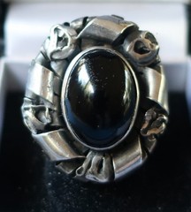 Vintage Brutalist Statement Ring Sterling Silver & Onyx Adjustable Size 13.5 g
